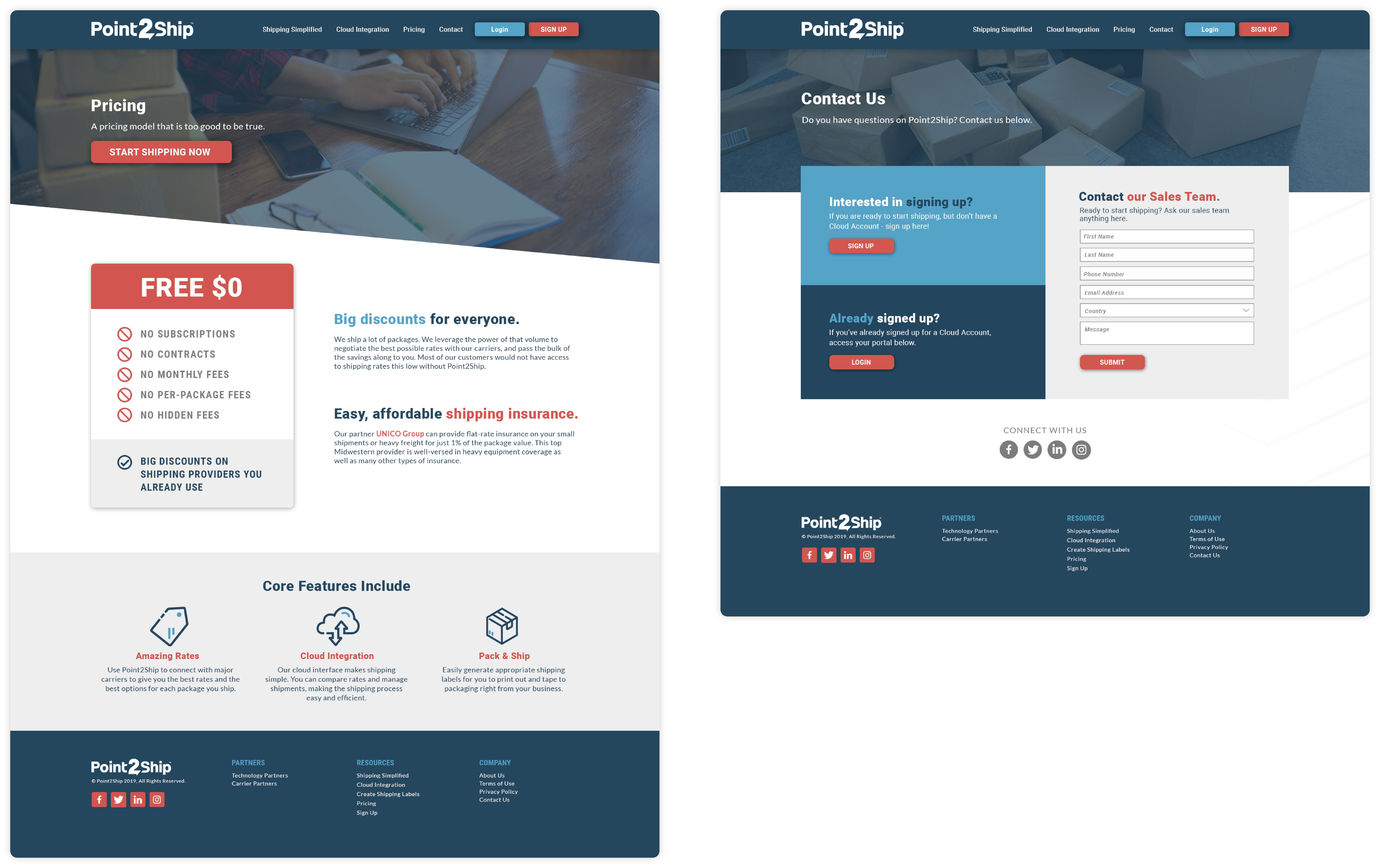 Point to Ship Contact Page and Pricing Page