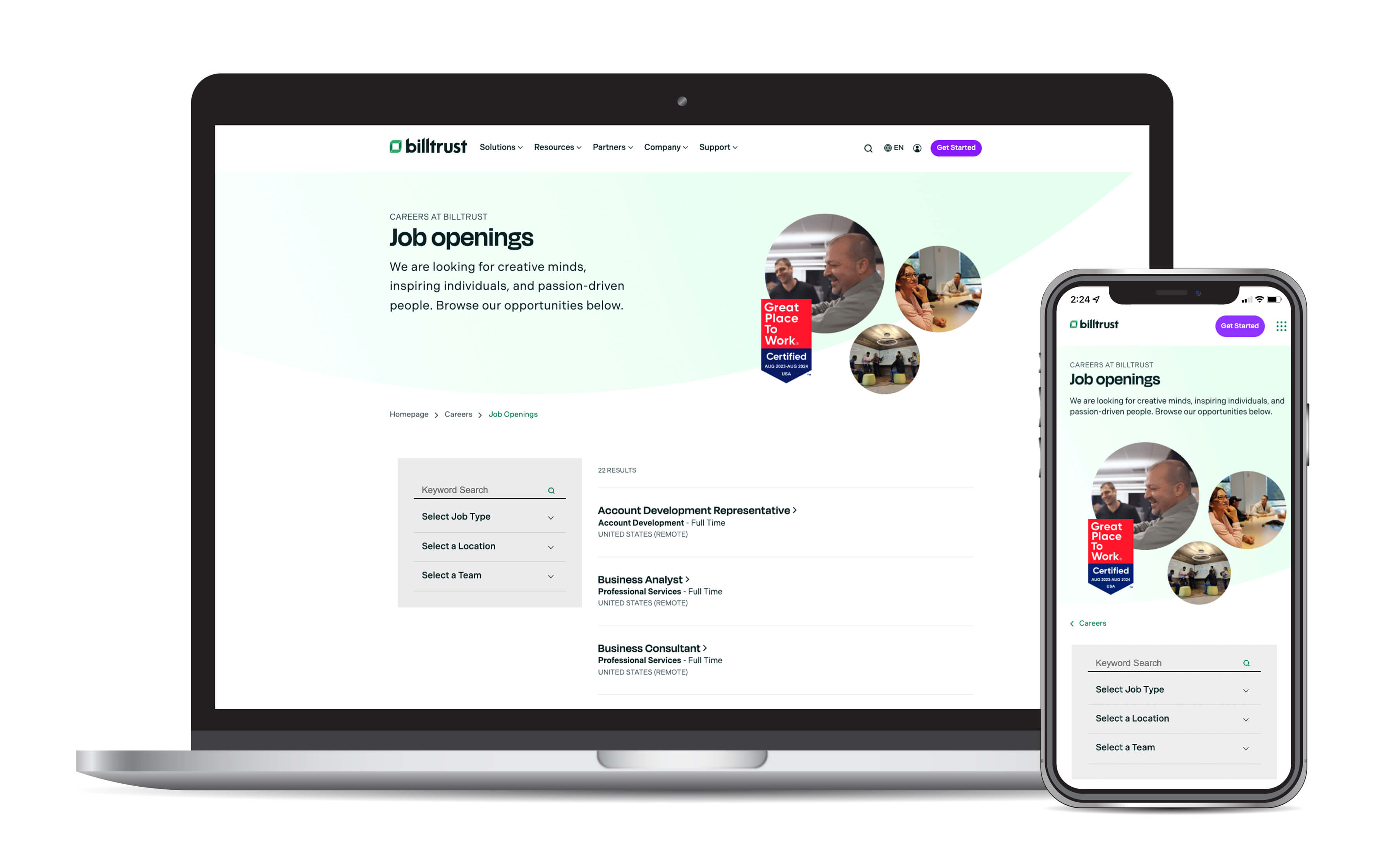 Billtrust Careers Job Listings Update Device Mockup