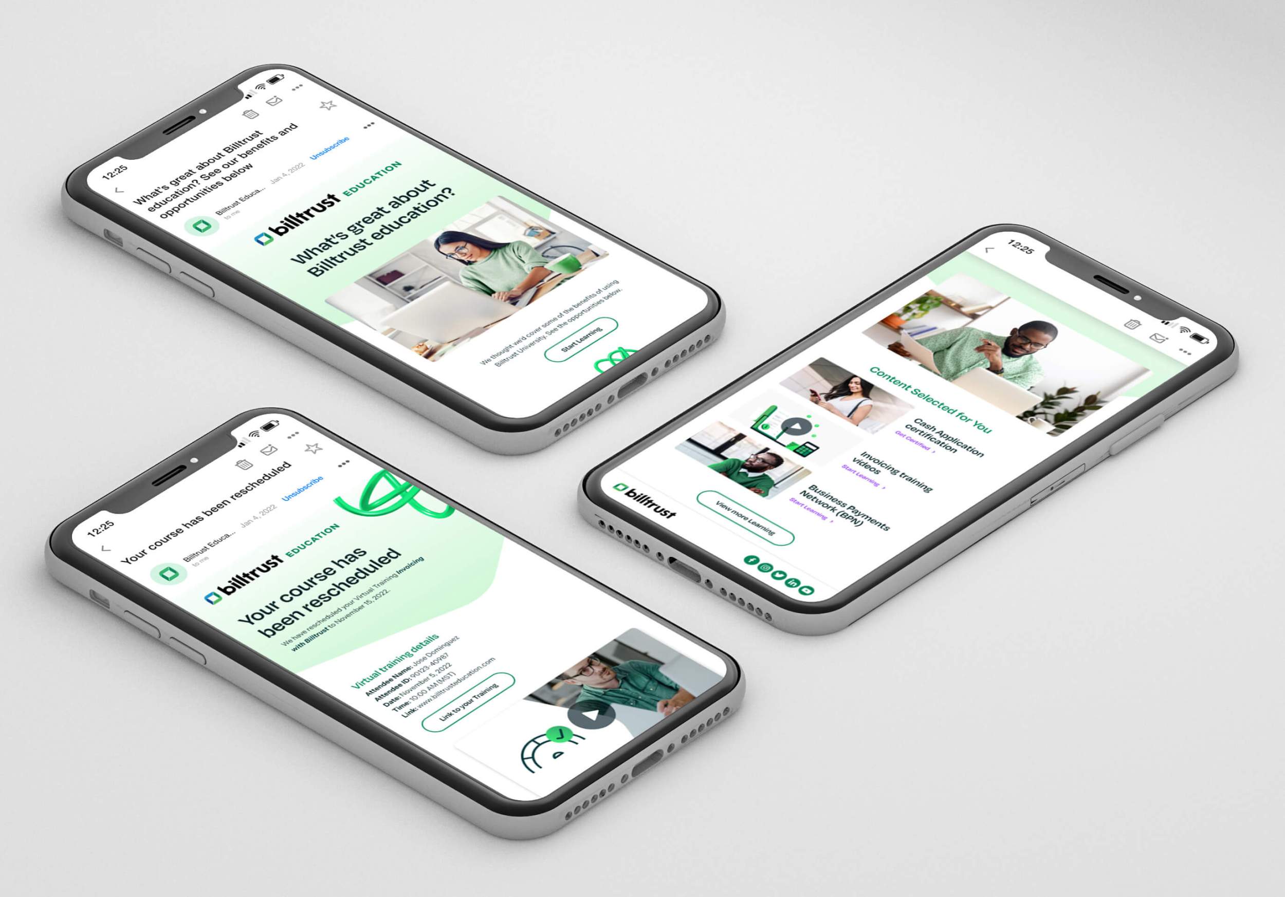 Billtrust Education Email Mockups on Cell Phone Screens