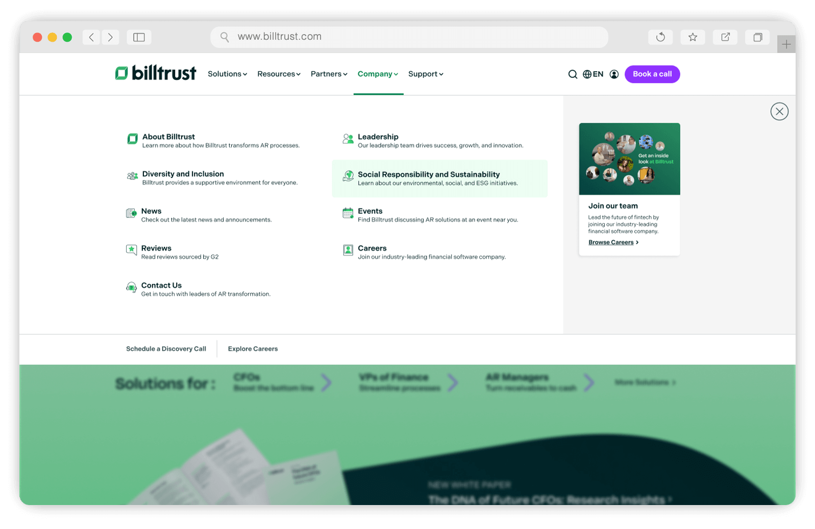 Billtrust Mega Menu Company Screen