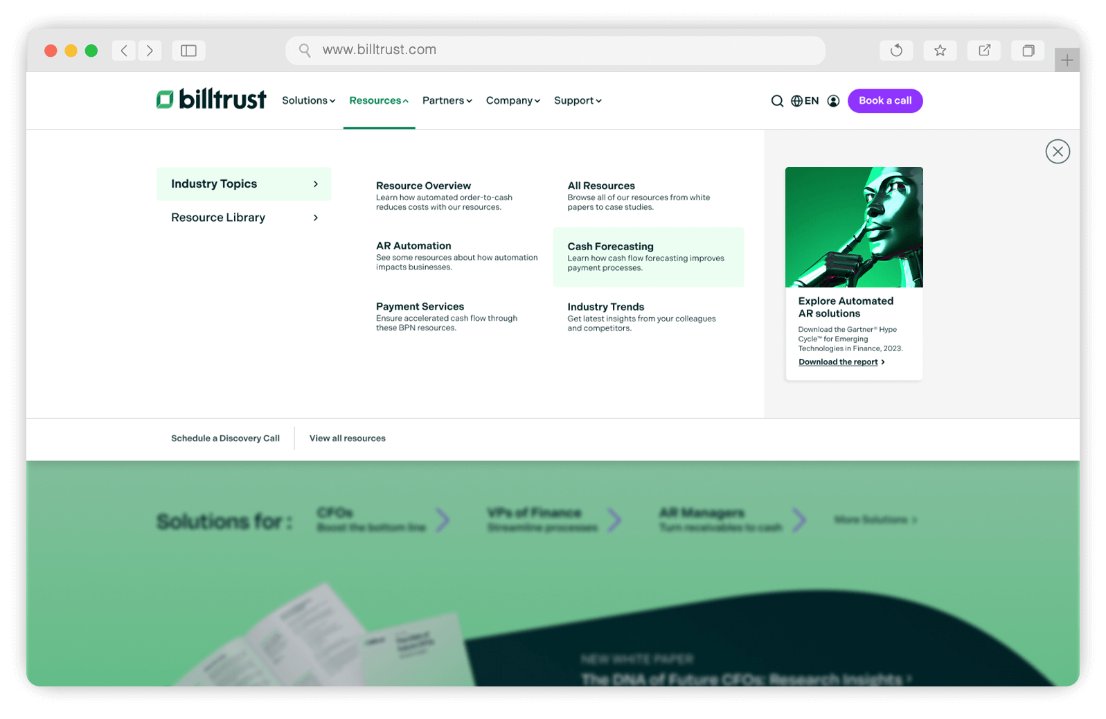 Billtrust Mega Menu Industry Topics Screen