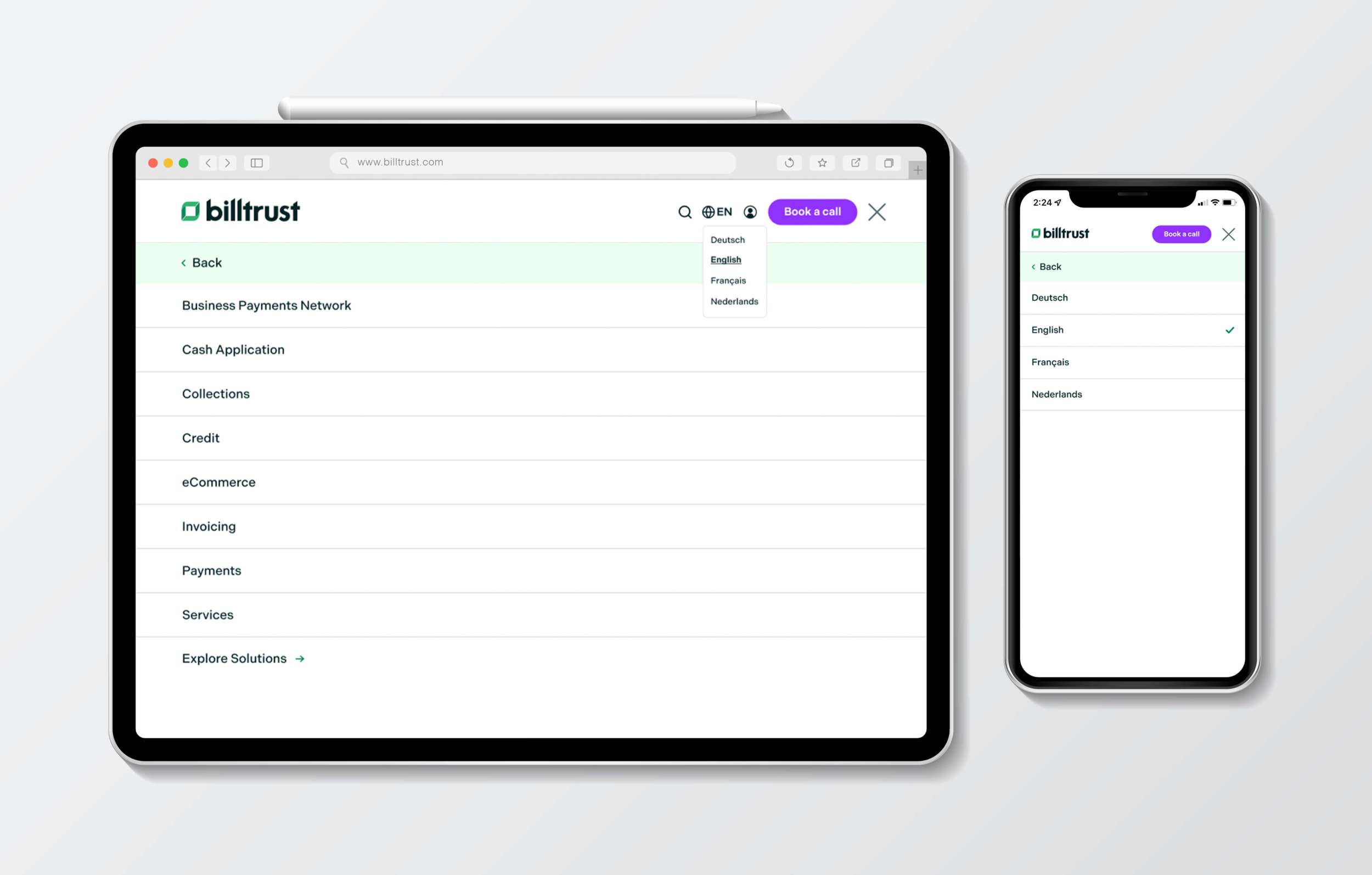 Billtrust Mega Menu Responsive Language Selector Mockup