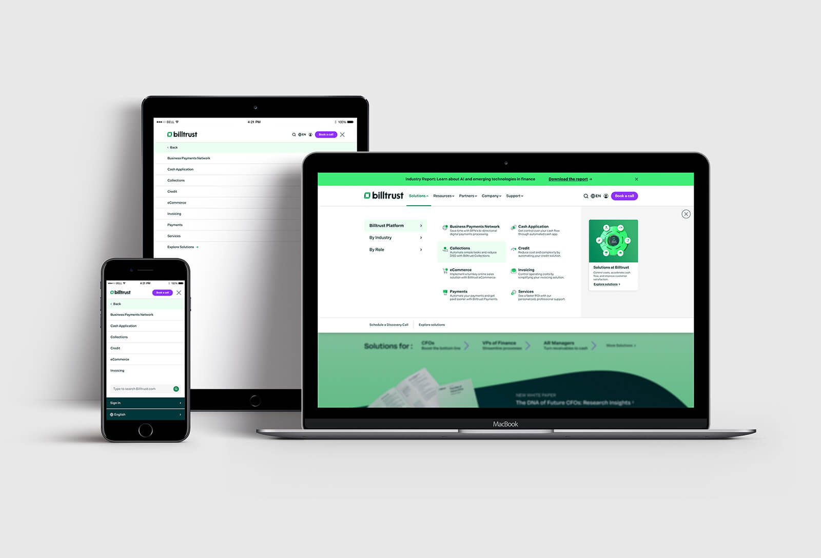 Billtrust Mega Menu Responsive Mockup on Laptop, Mobile, and Tablet Screen