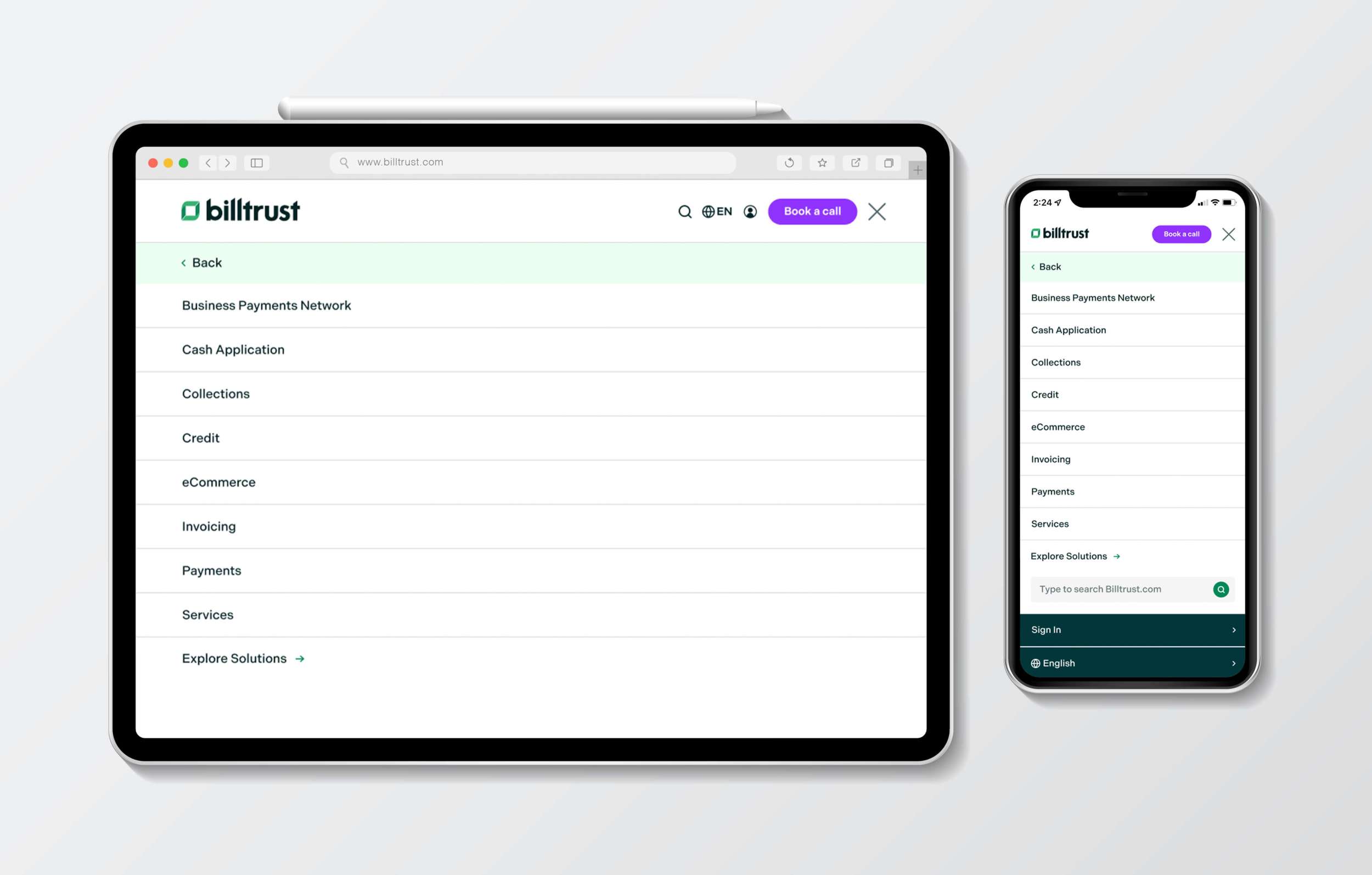 Billtrust Mega Menu Responsive Products Mockup