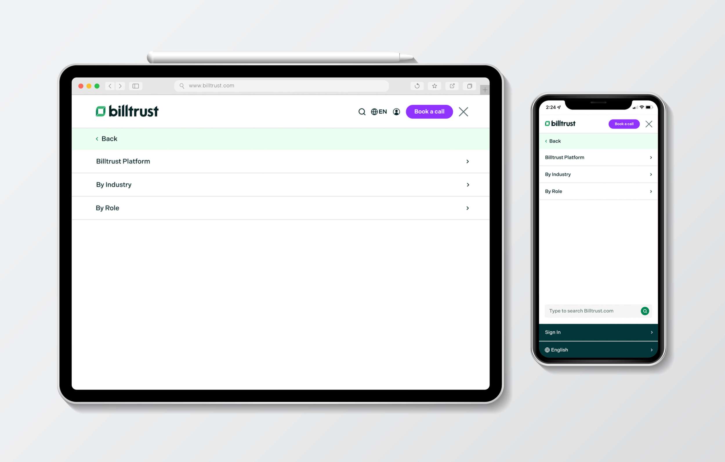 Billtrust Mega Menu Responsive Solutions Mockup