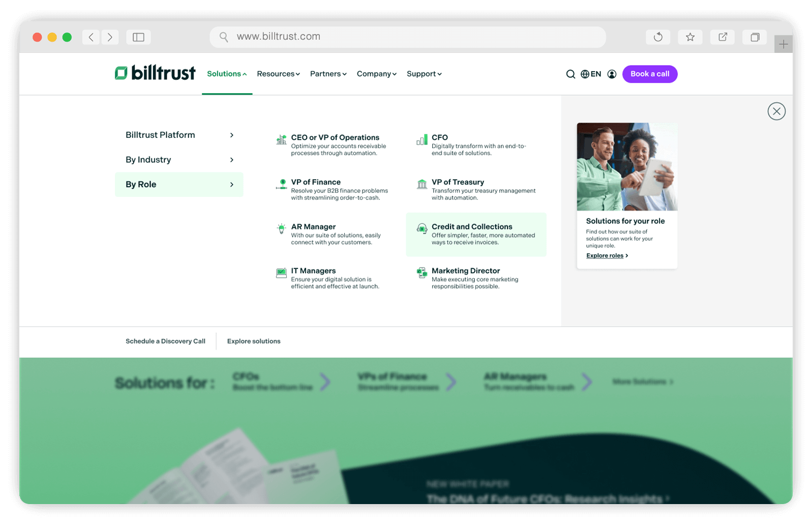 Billtrust Mega Menu Role Screen