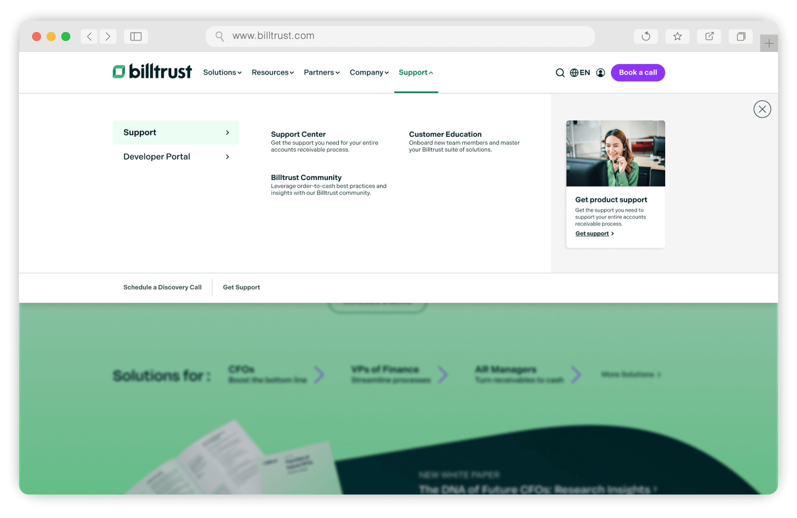 Billtrust Mega Menu Support Screen